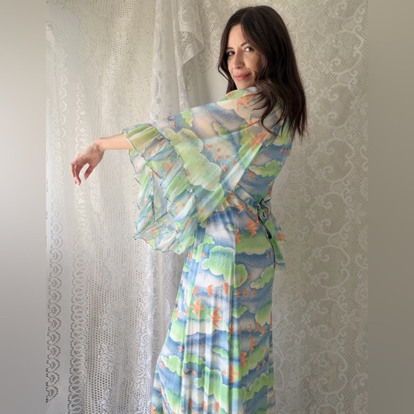 Vintage 70s Bird Print Cloudscape Maxi Dress Boho Flutter Sleeve Empire Waist - Picture 14 of 17